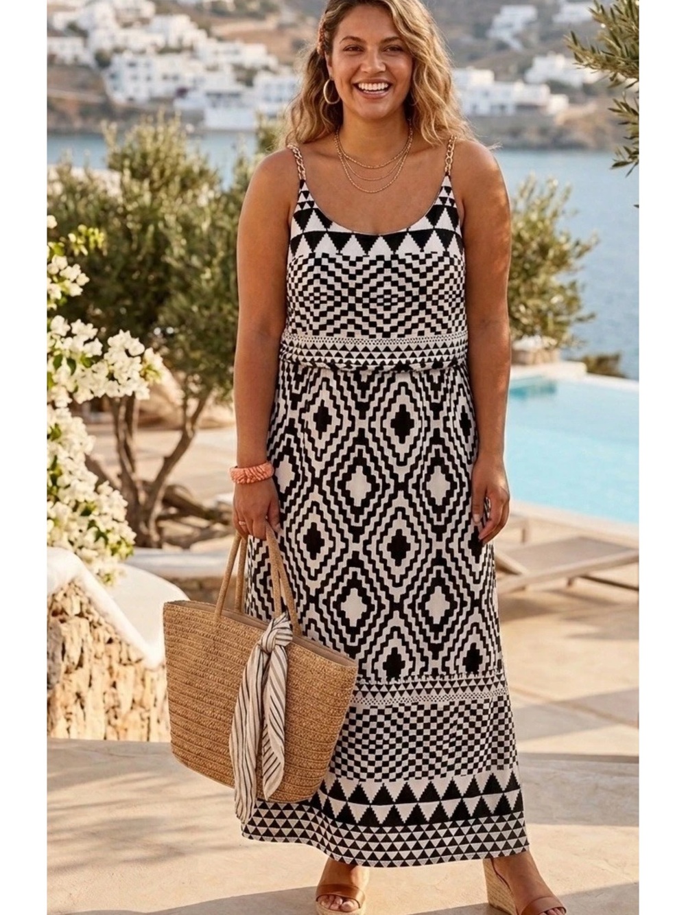 Geometric Black and White Maxi Dress - Sleeveless Summer Style